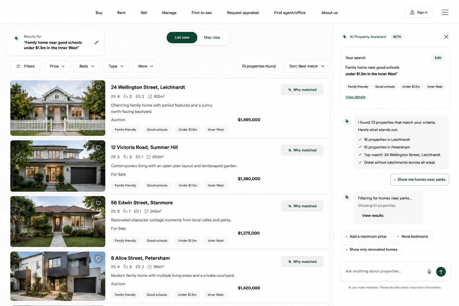 Property listing results displayed in a real estate website list view